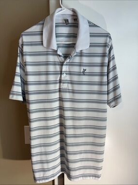 Ashworth Men’s Polo Shirt Size L White Black Teal Striped Golf Shirt